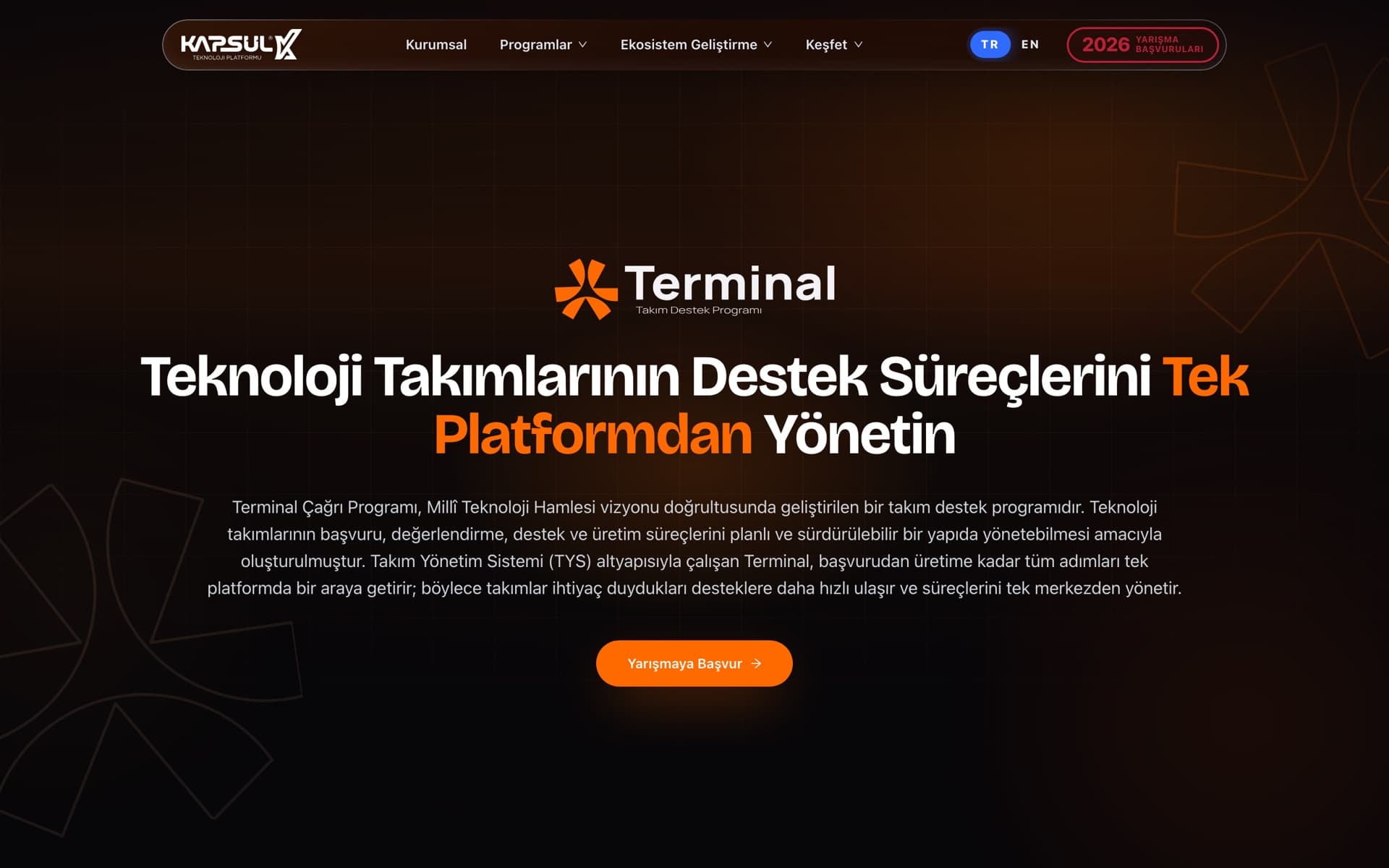 Kapsül Teknoloji Platformu Web Sitesi — İçerik sayfası · Turuncu tema