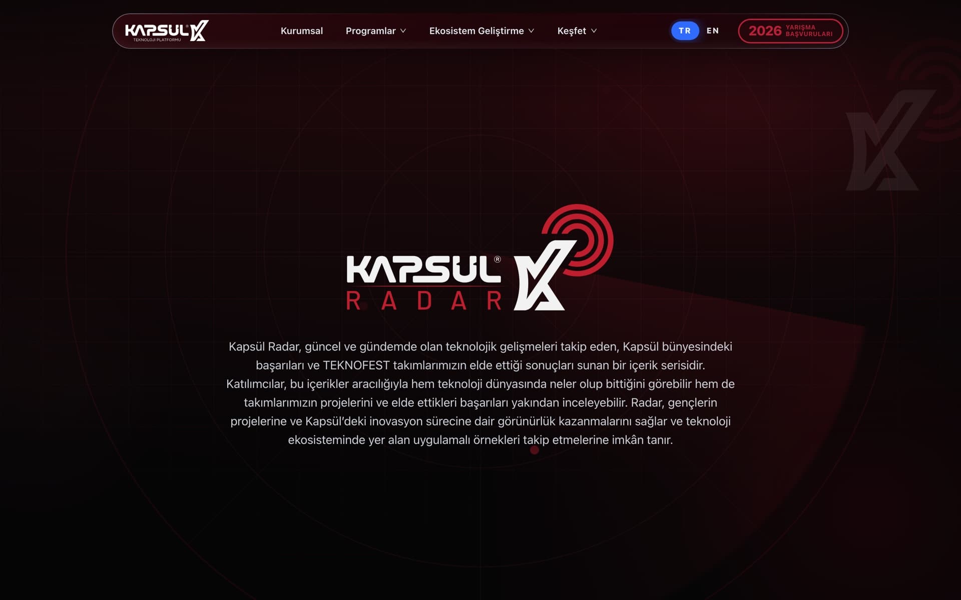 Kapsül Teknoloji Platformu Web Sitesi — İçerik sayfası · Kırmızı tema